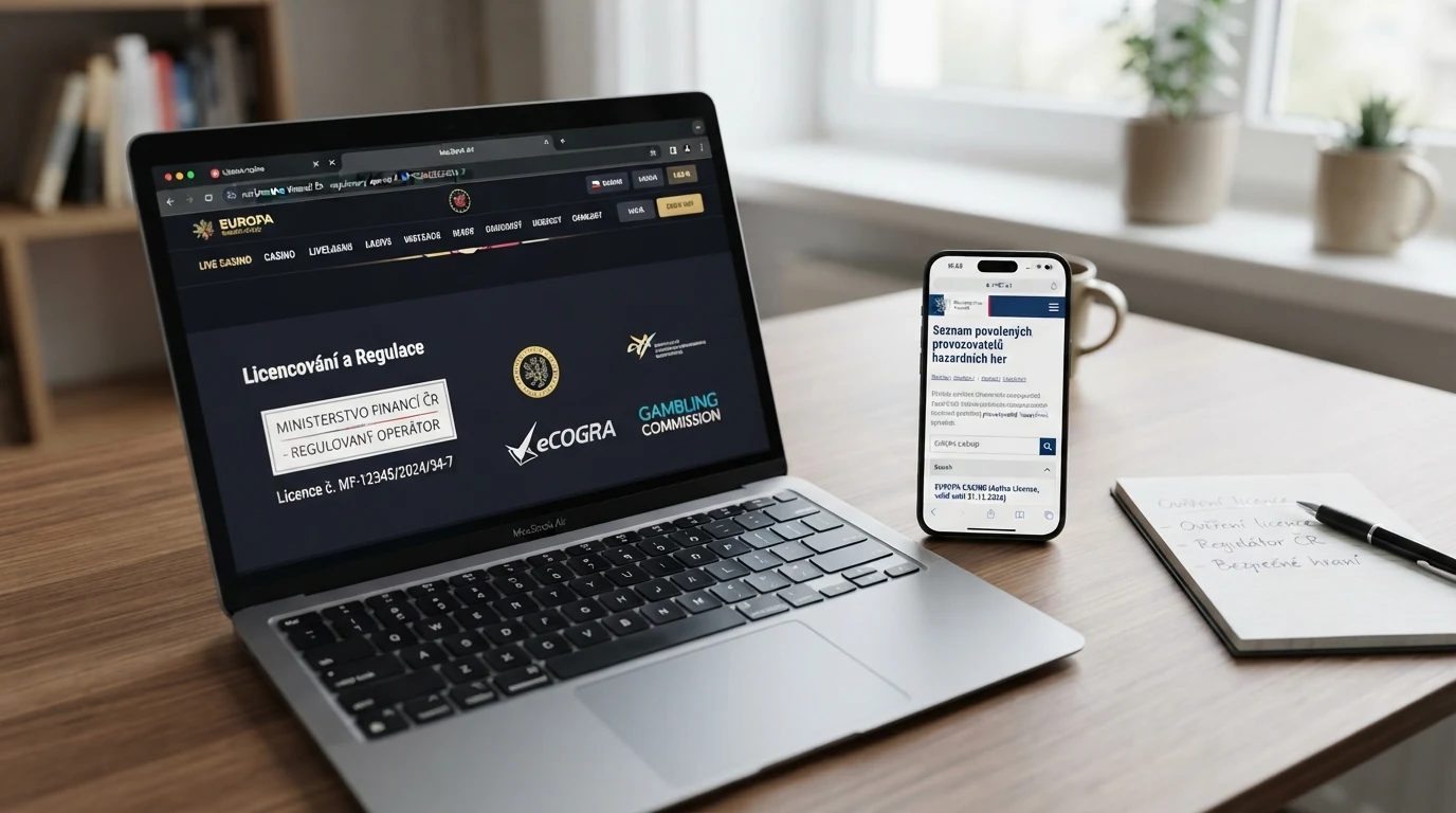 Obrazovka s označením licence v patičce webu casina a korespondujícím záznamem v online rejstříku regulátora