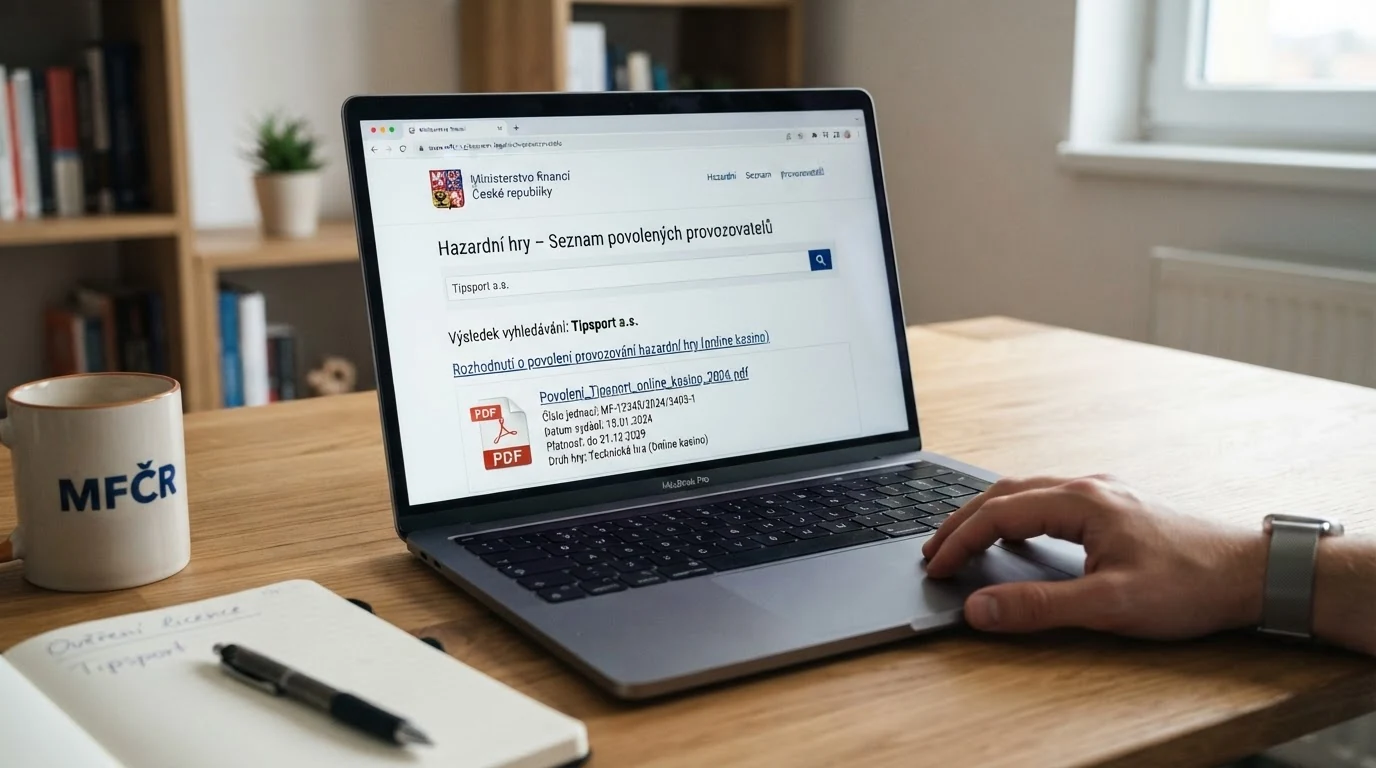 Obrazovka s vyhledávacím polem na webu MF ČR, do kterého uživatel zadává název casina, vedle výřez PDF seznamu legálních provozovatelů