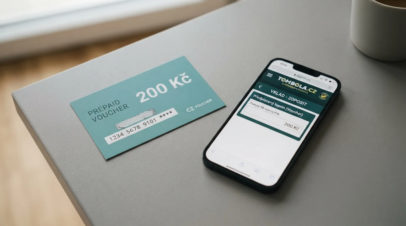Paysafecard kupón v hodnotě 200 Kč položený vedle chytrého telefonu s otevřenou stránkou online casina