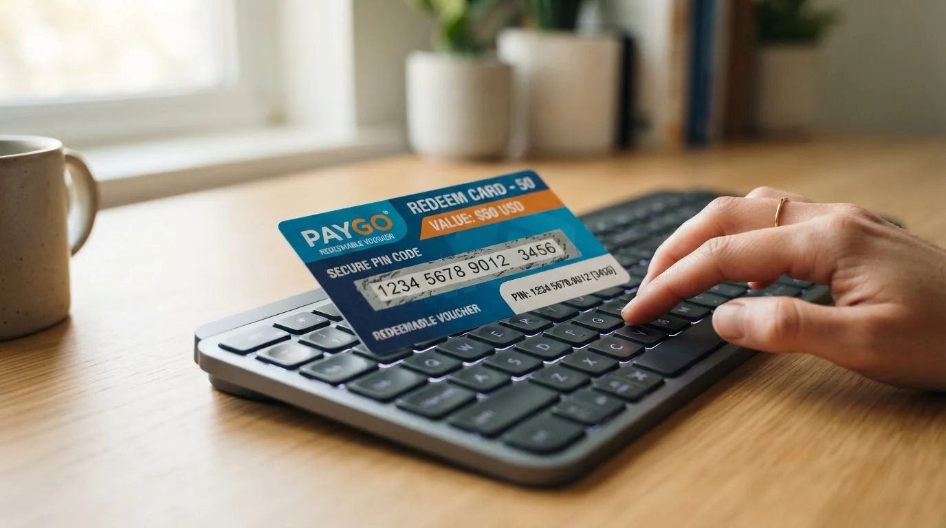 Platební poukázka Paysafecard se stíracím polem kryjícím 16místný PIN kód, položená na klávesnici