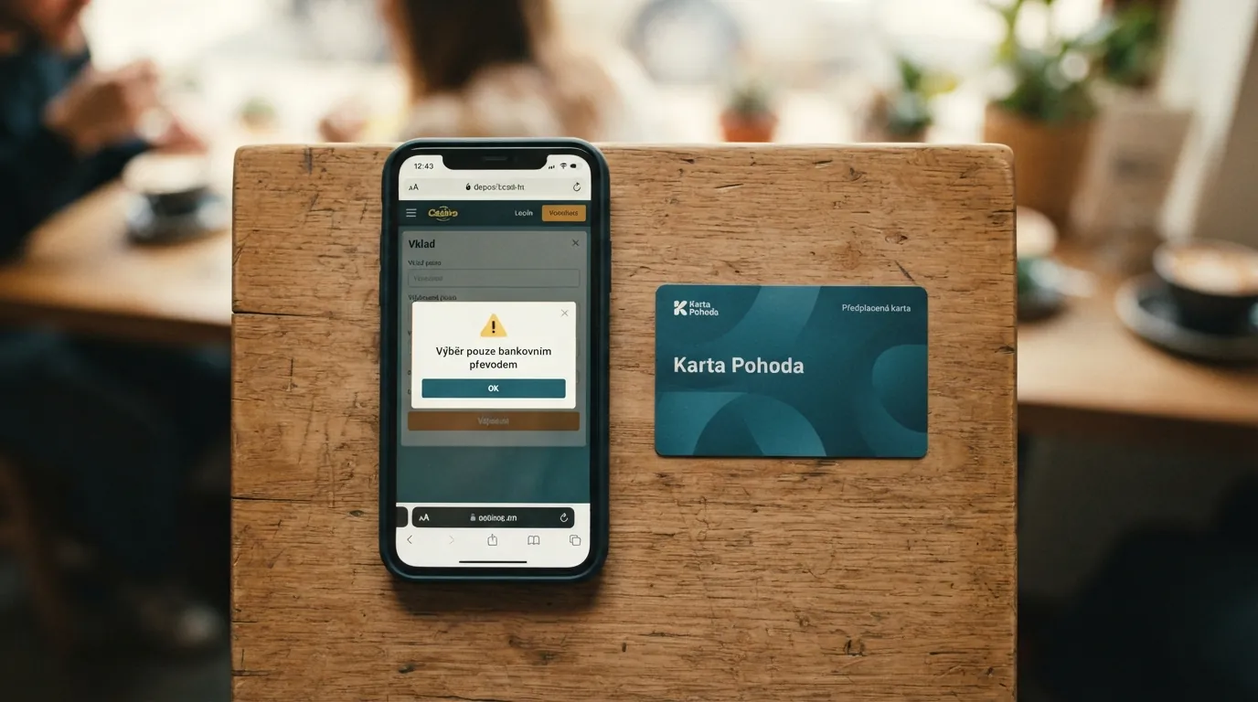 Paysafecard kupón a mobilní telefon vedle sebe, na obrazovce kasina symbol varování u tlačítka výběru