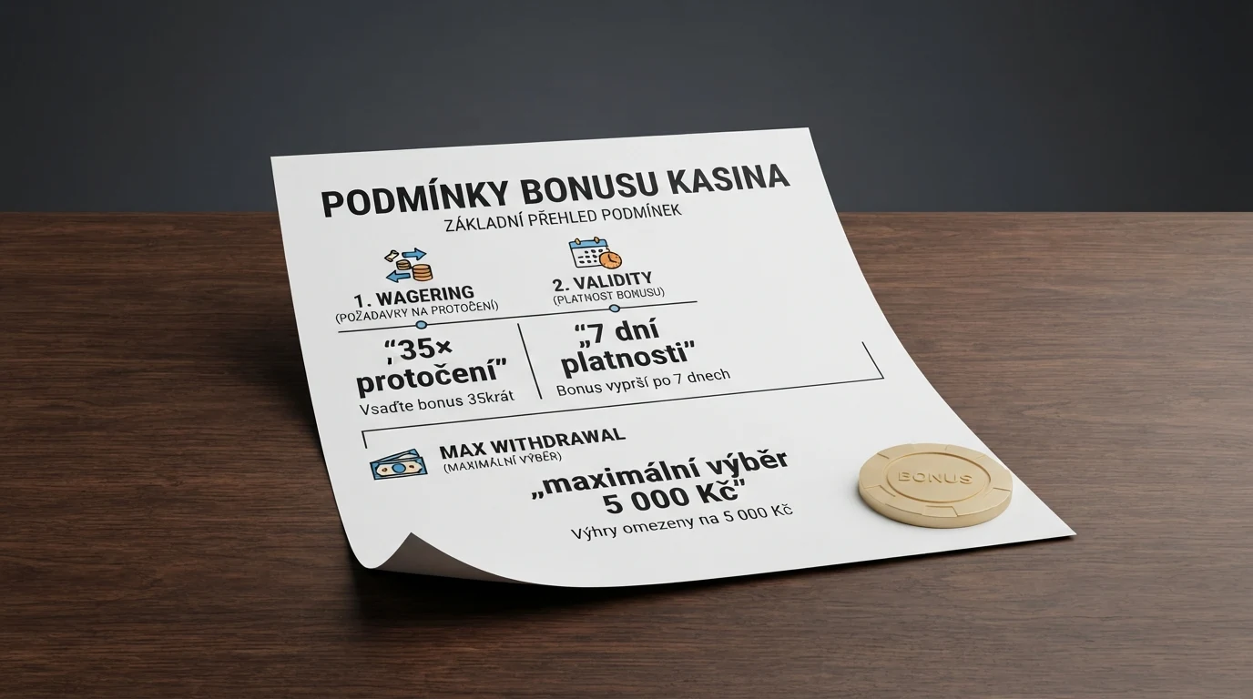 Detail bonusových podmínek s vyznačenými údaji — hodnota protočení, doba platnosti a maximální výběr z bonusu