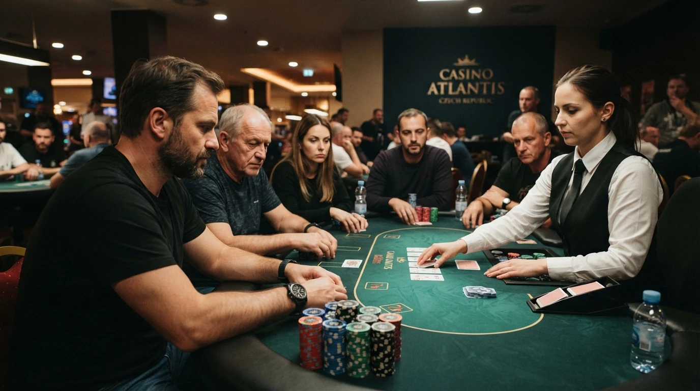 Hráči sedící u pokerového stolu s rozdanými kartami, žetony a krupiérem během turnaje