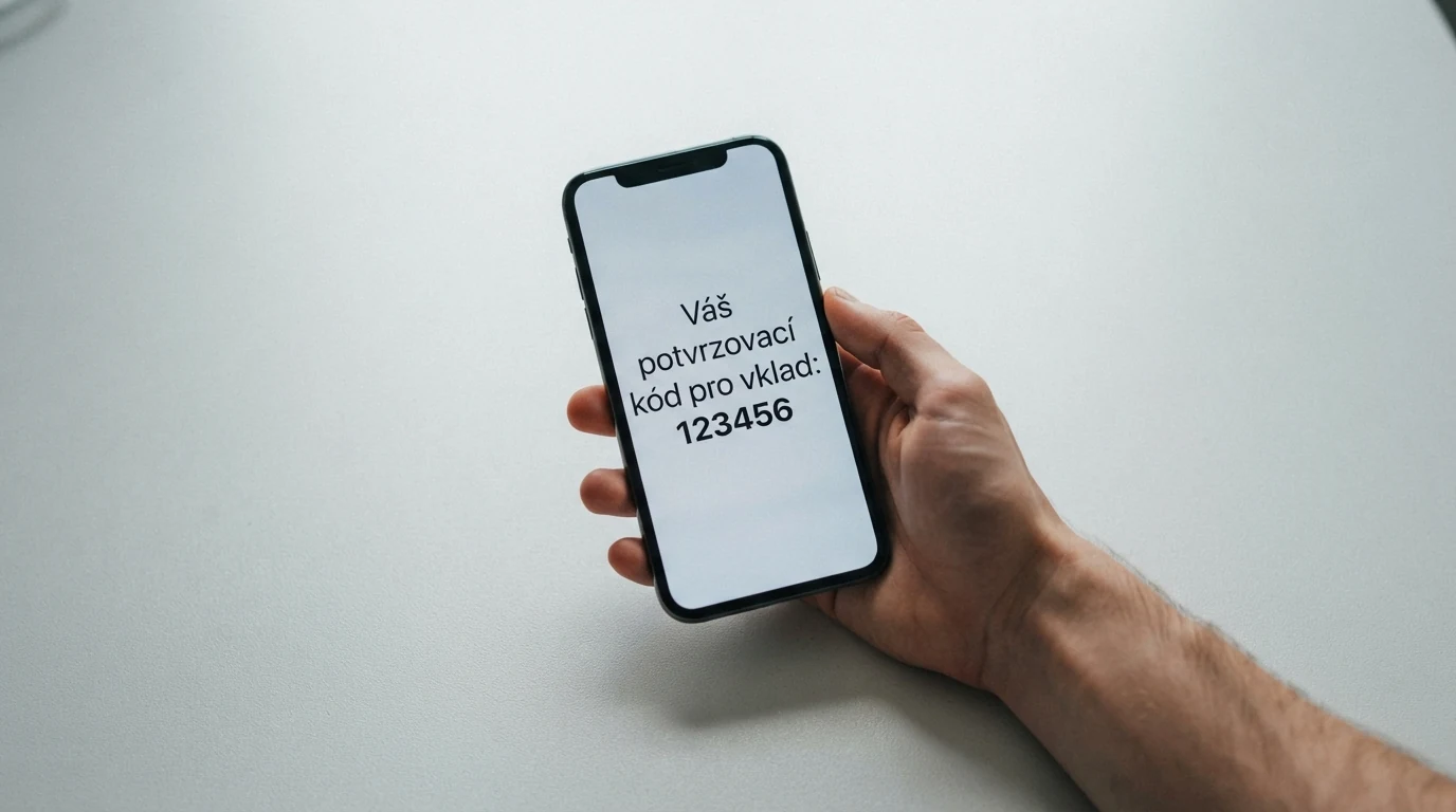 Displej telefonu s příchozí SMS zprávou obsahující potvrzovací kód k vkladu v online kasinu