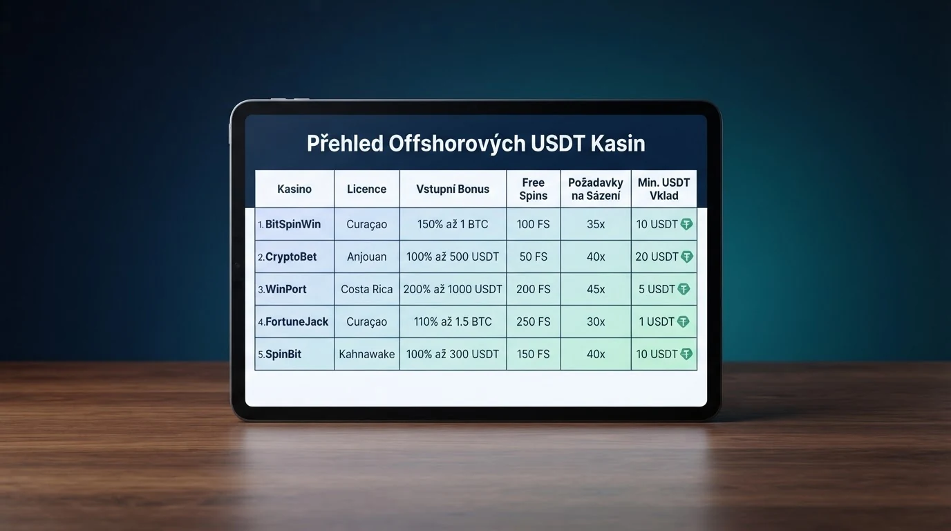 Srovnávací tabulka deseti offshore kasin přijímajících USDT s údaji o licenci, bonusu a minimálním vkladu