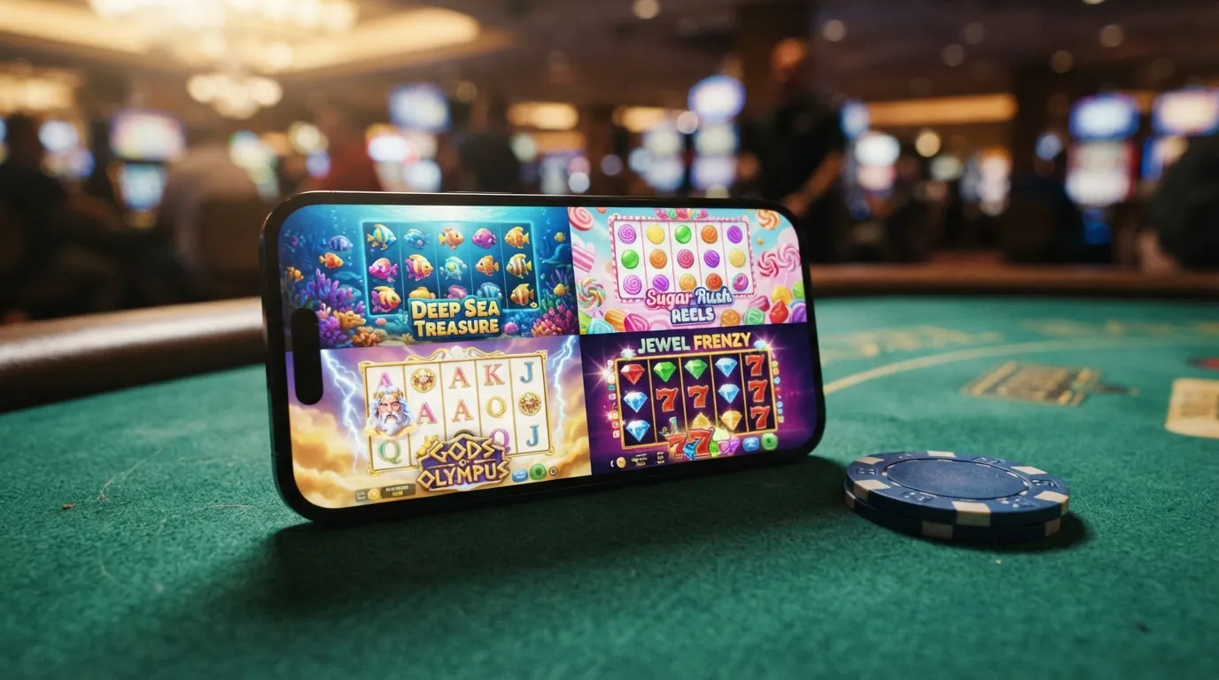 Koláž automatů Sweet Bonanza, Gates of Olympus, Big Bass Bonanza a Starburst na displeji mobilu