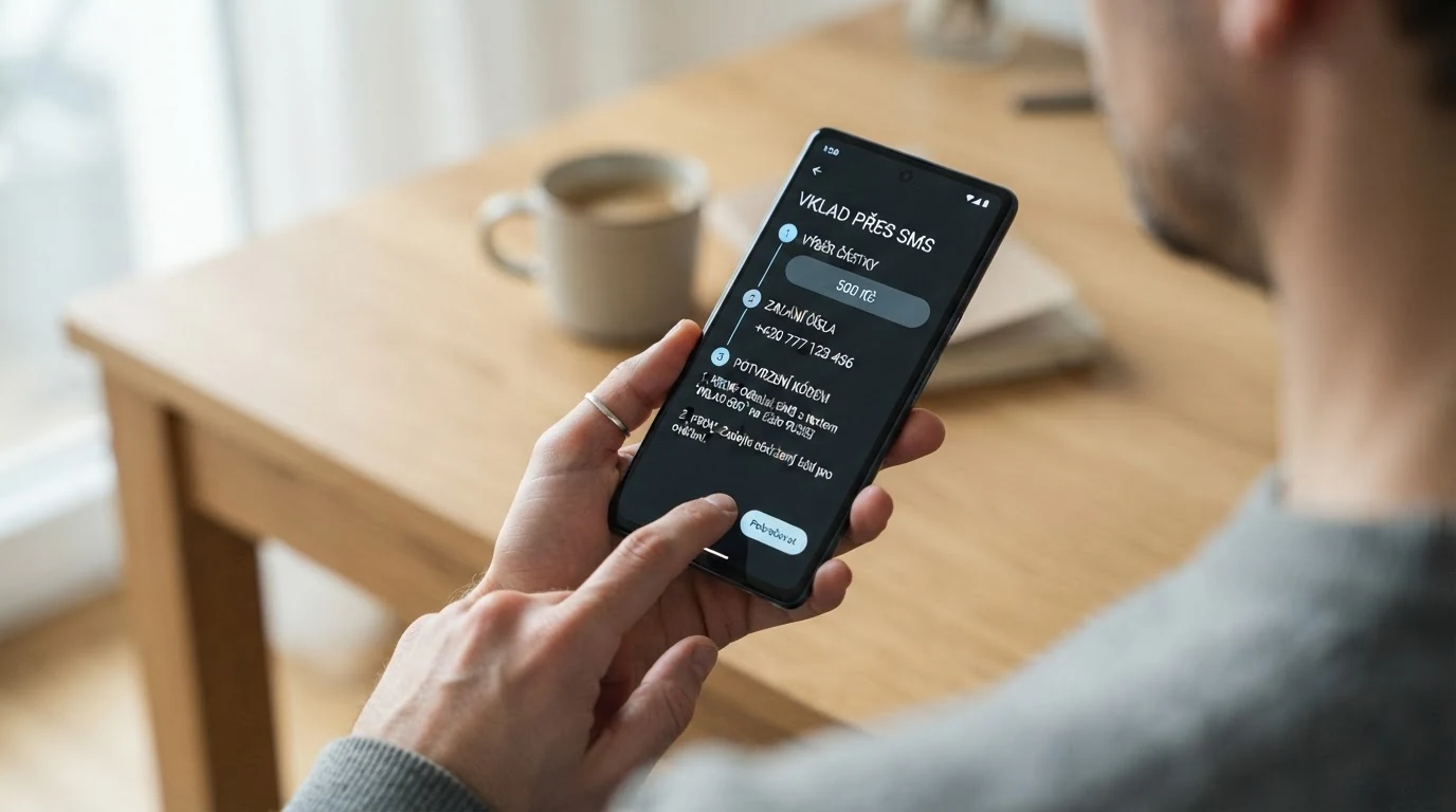 Znázornění kroků vkladu přes SMS: výběr částky, zadání čísla, potvrzení kódem