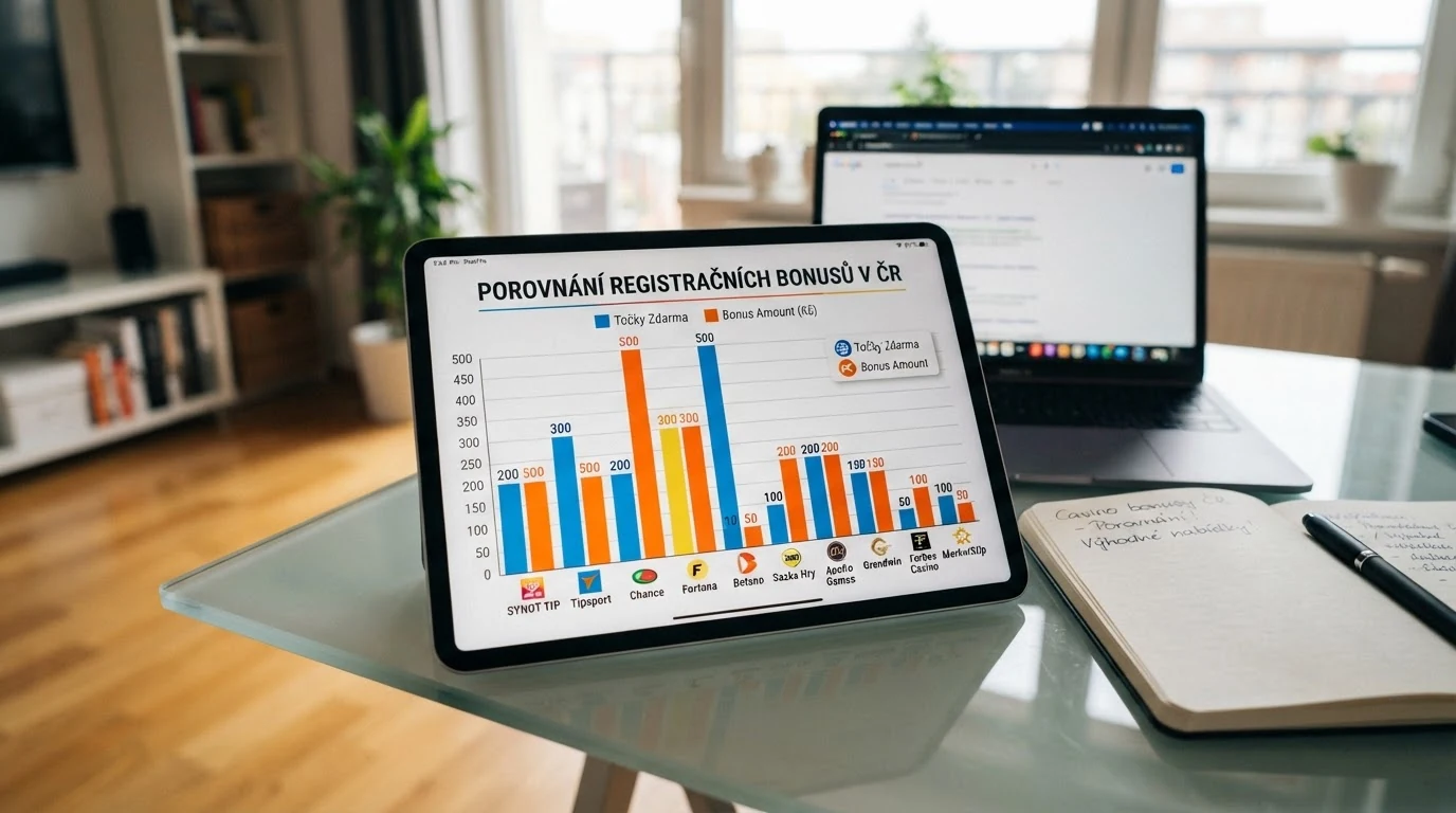 Srovnávací tabulka s logy deseti českých legálních online casin a zvýrazněnými hodnotami registračních bonusů
