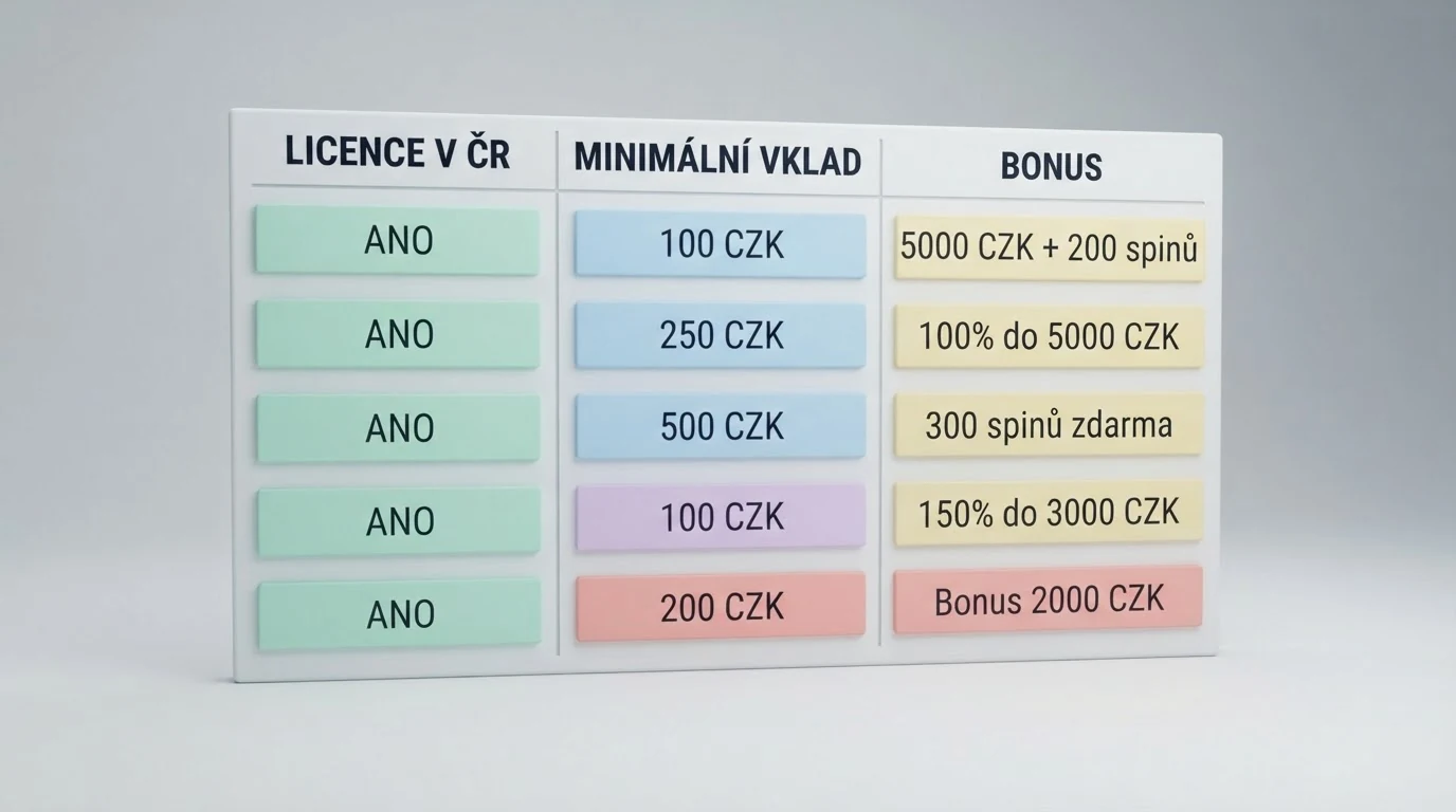 Srovnávací tabulka casin se sloupci licence, minimální vklad a bonus