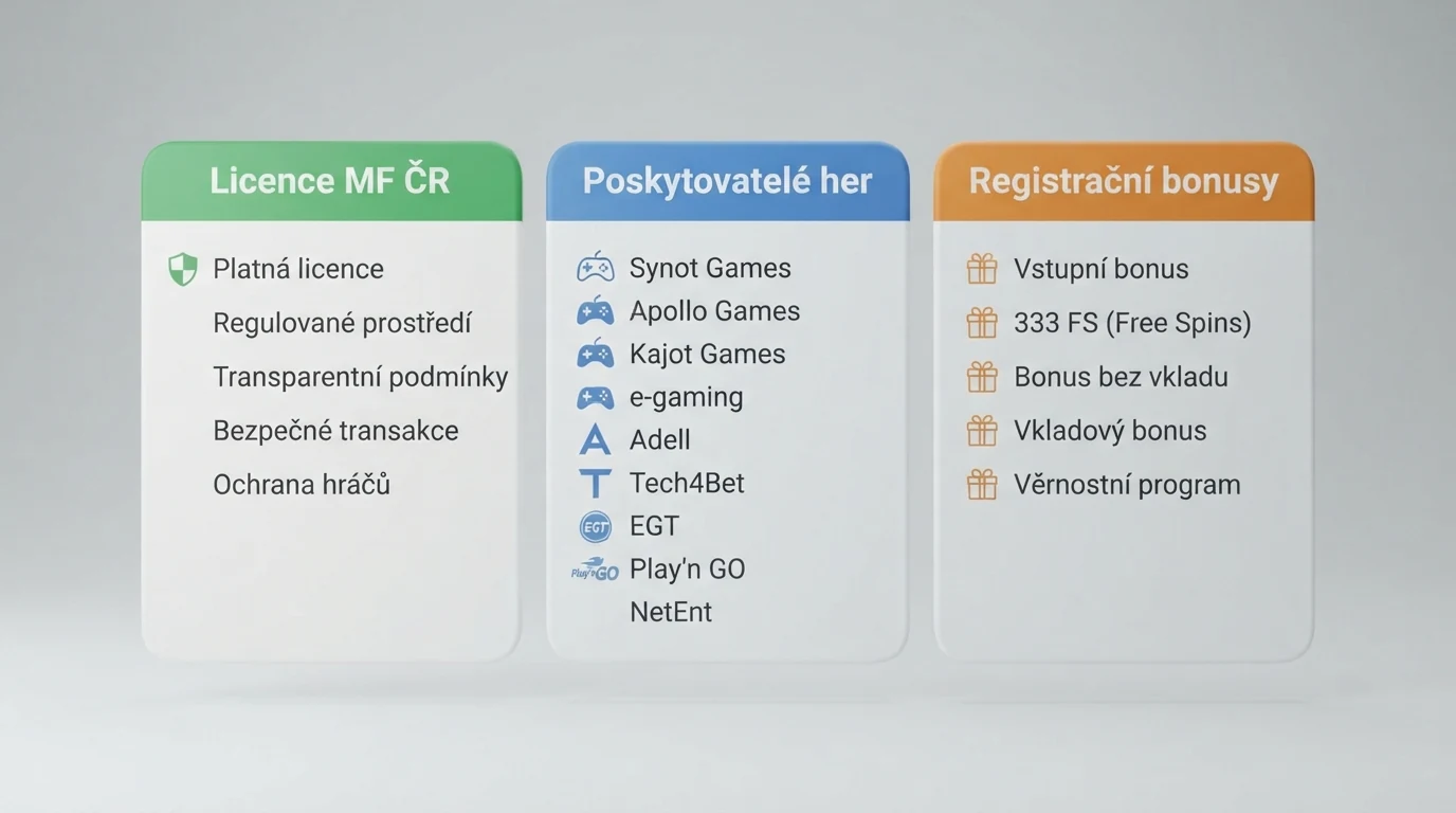 Přehledová tabulka srovnávající vybraná online kasina podle licence, free spinů a poskytovatelů her
