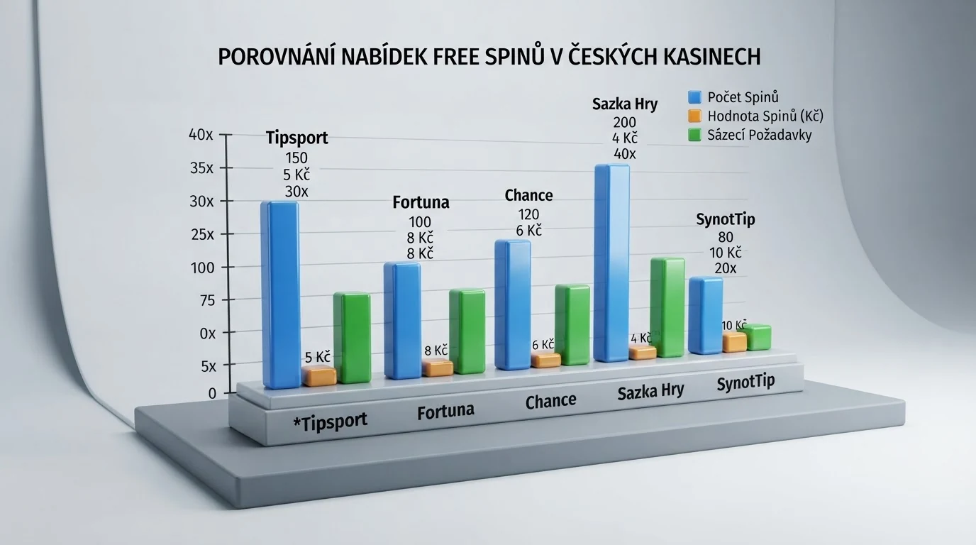 Tabulka srovnávající česká licencovaná casina – ve sloupcích počet free spinů, hodnota spinu, bonusový automat a licence MF ČR