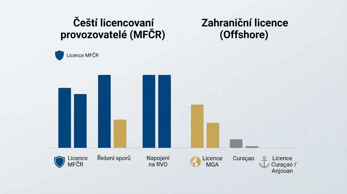 Srovnávací tabulka s logy operátorů a symboly licencí — česká vlajka u MF ČR, mezinárodní symboly u Curaçao a Anjouan