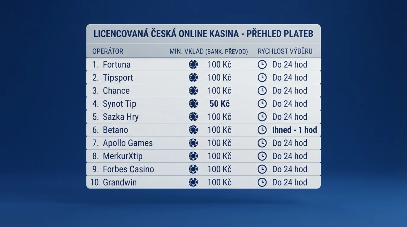 Srovnávací tabulka deseti operátorů s barevně odlišenými hodnotami rychlosti výběru a minimálního vkladu