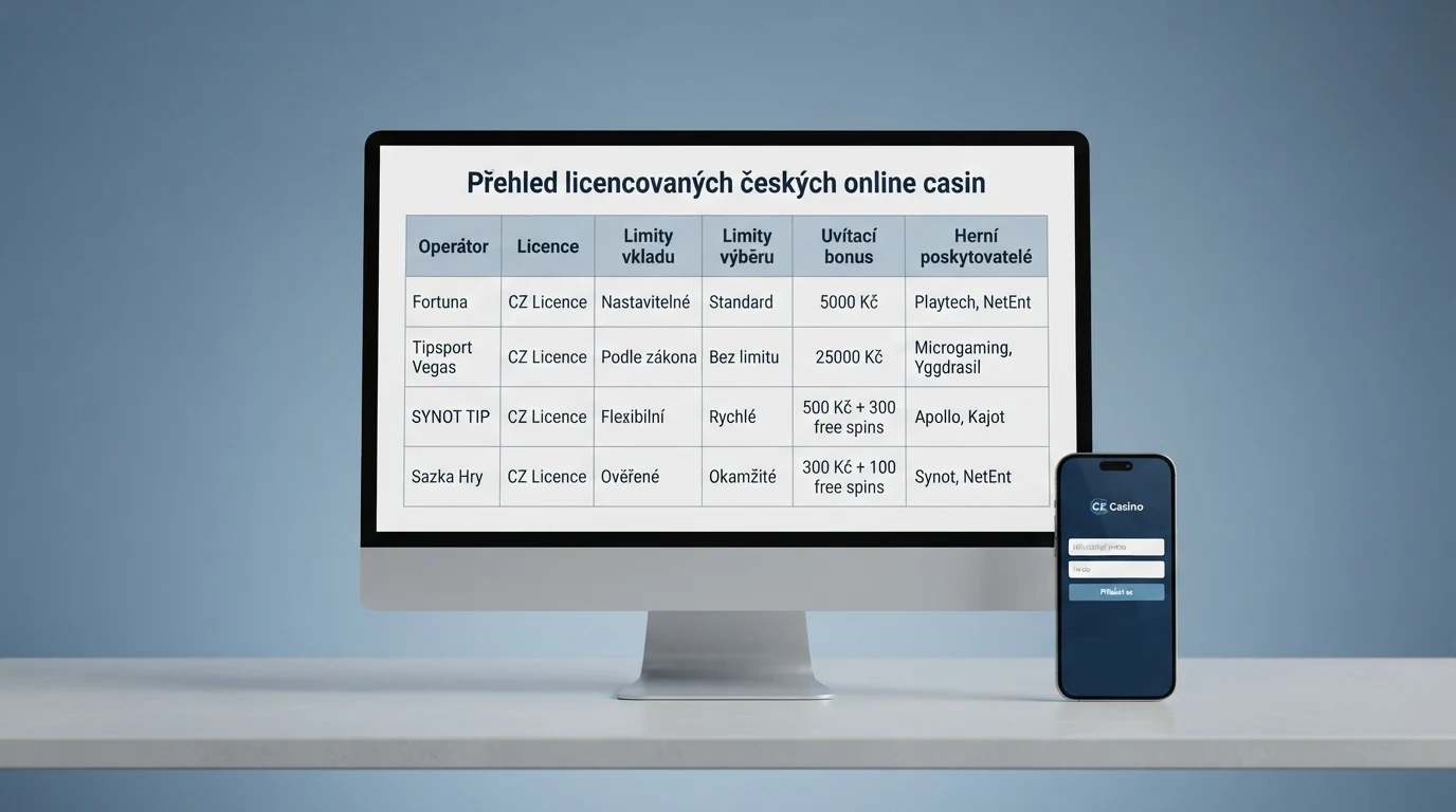 Srovnávací tabulka operátorů na monitoru s logy Tipsport, Betano, Fortuna, Chance a MerkurXtip, vedle mobilní telefon zobrazující přihlášení do casina