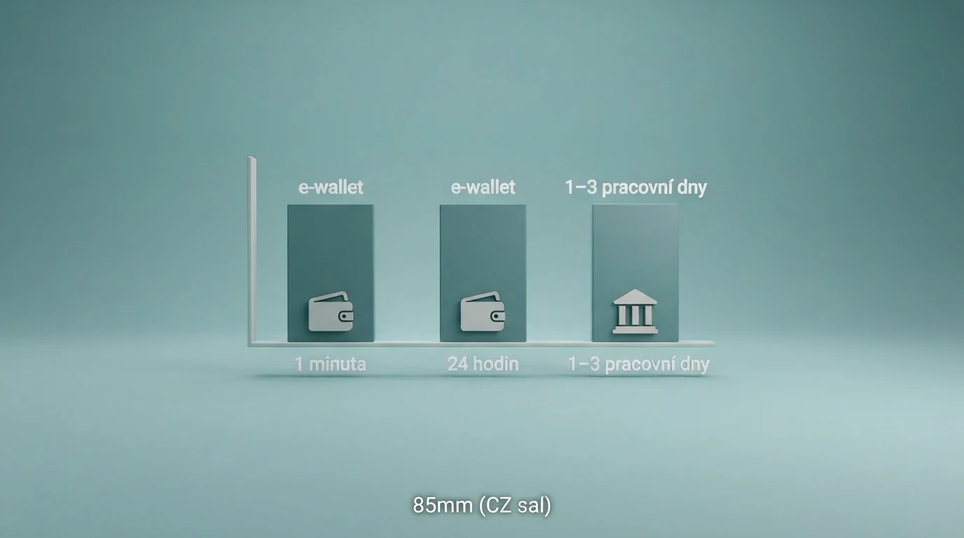 Infografika zobrazující hodiny a platební ikony — Aircash, PayPal, bankovní převod — seřazené podle času od 1 minuty po 3 dny