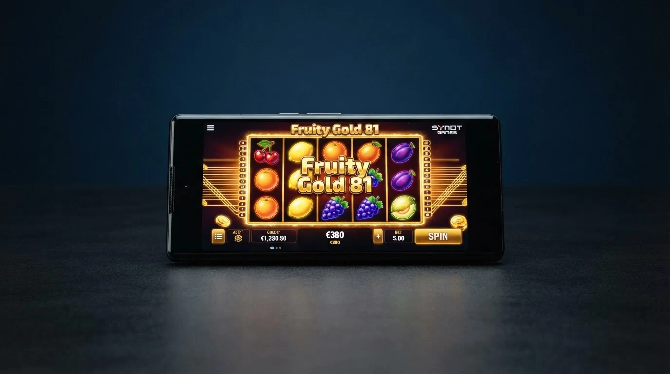 Ukázka automatu Fruity Gold 81 od SYNOT Games na displeji chytrého telefonu
