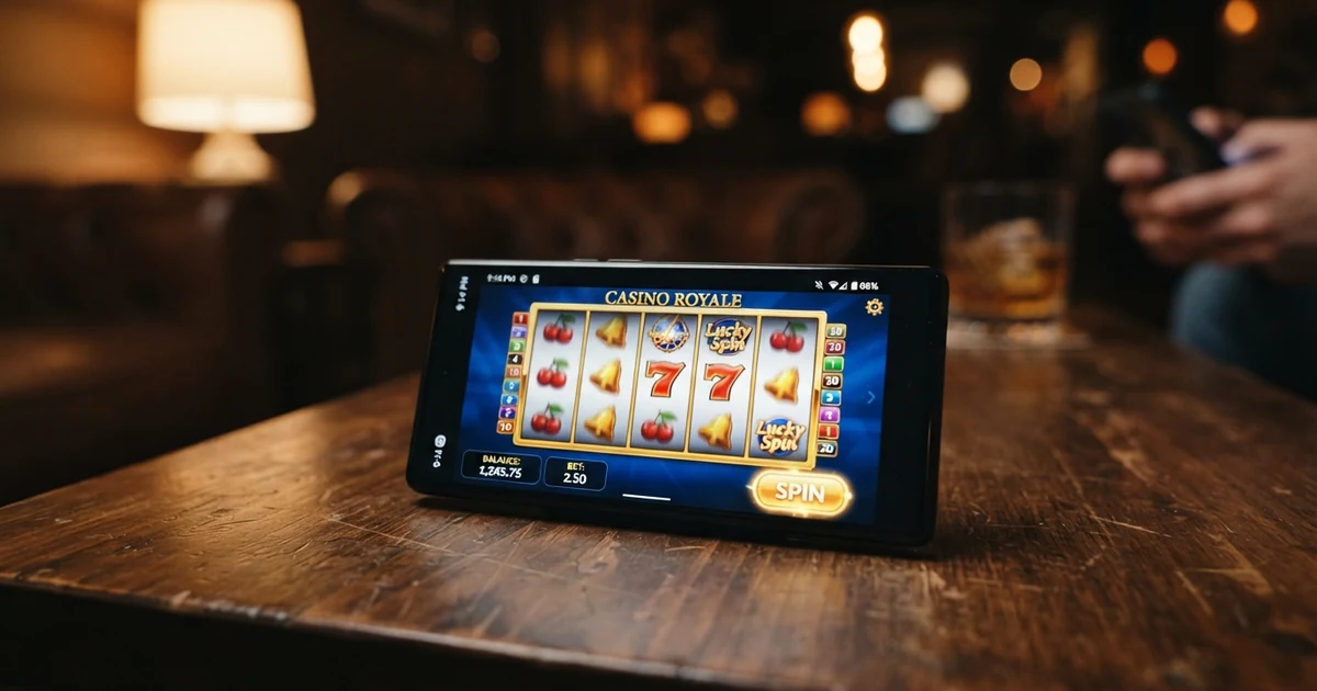 Displej mobilního telefonu s rozhraním casino aplikace, zobrazené válce automatu a navigační lišta
