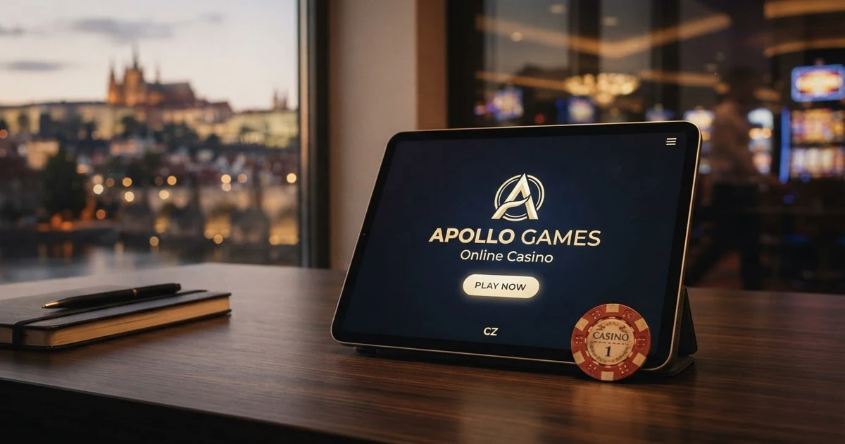Logo Apollo Games na tmavém pozadí s logem českého výrobce automatů