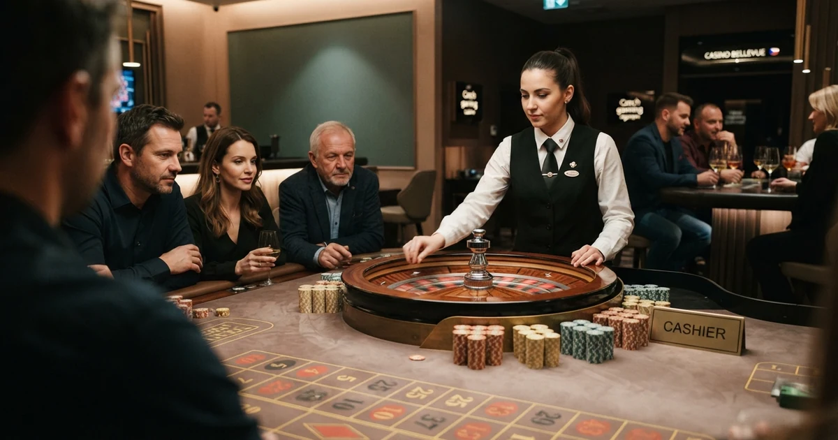 Interiér kasina s živými hracími stoly, krupiéry a hráči u rulety a blackjacku