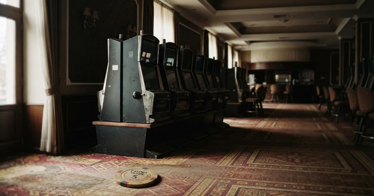 Prázdný interiér bývalého kasina s vypnutými výherními automaty, bez hráčů, s tlumeným osvětlením — symbol konce hazardu v Plzni