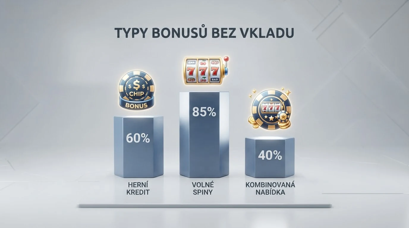 Infografika srovnávající tři podoby bonusu bez vkladu — herní kredit, volné spiny a kombinovanou nabídku — s vyznačením klíčových parametrů u každého typu