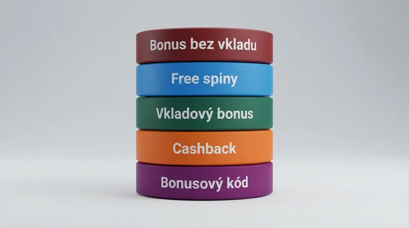Infografika znázorňující hlavní typy casino bonusů — od bonusu bez vkladu přes free spiny až po cashback