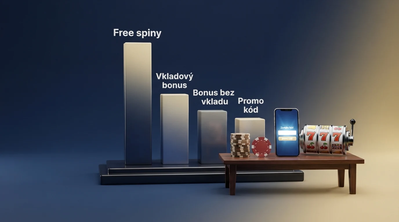 Infografika čtyř typů bonusů — free spiny, vkladový bonus, bonus bez vkladu, promo kód — s typickými podmínkami u každého