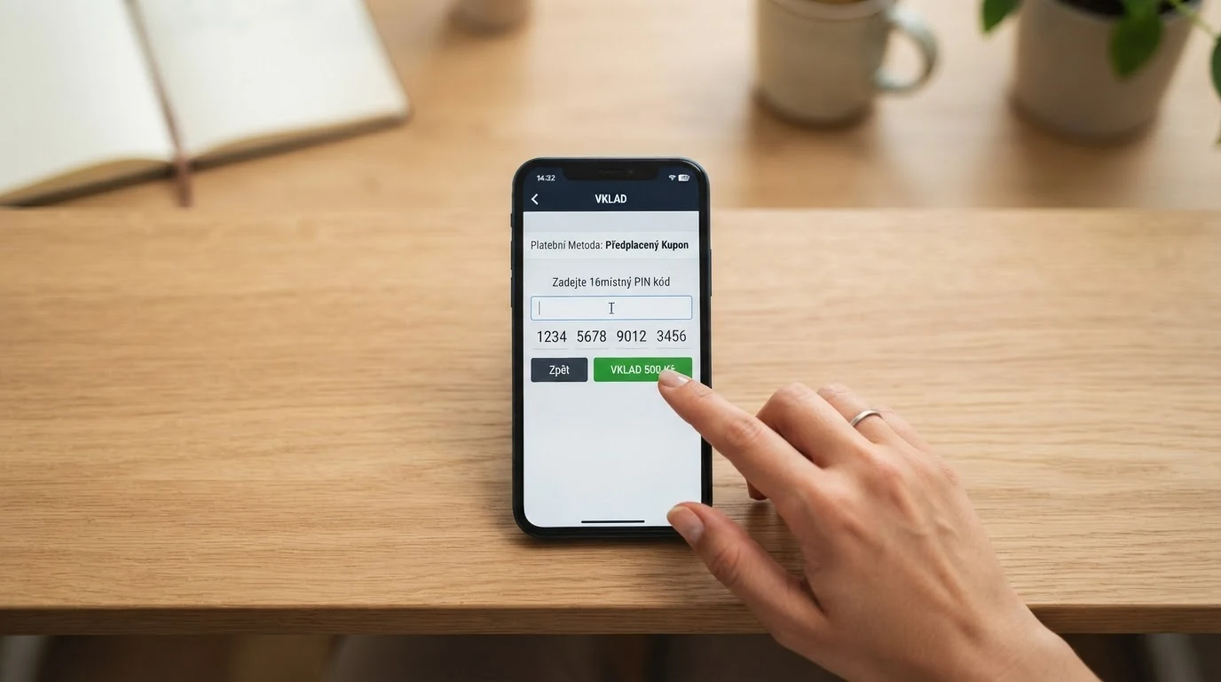 Rozhraní pokladny online casina s vybranou metodou Paysafecard a polem pro zadání částky vkladu v korunách