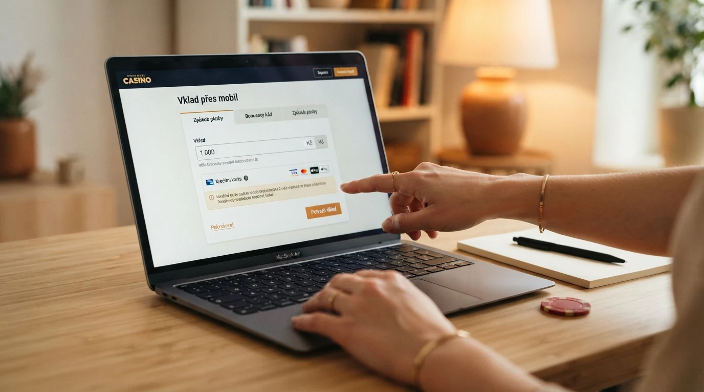 Obrazovka pokladny online kasina s volbou vkladu přes mobil a polem pro částku