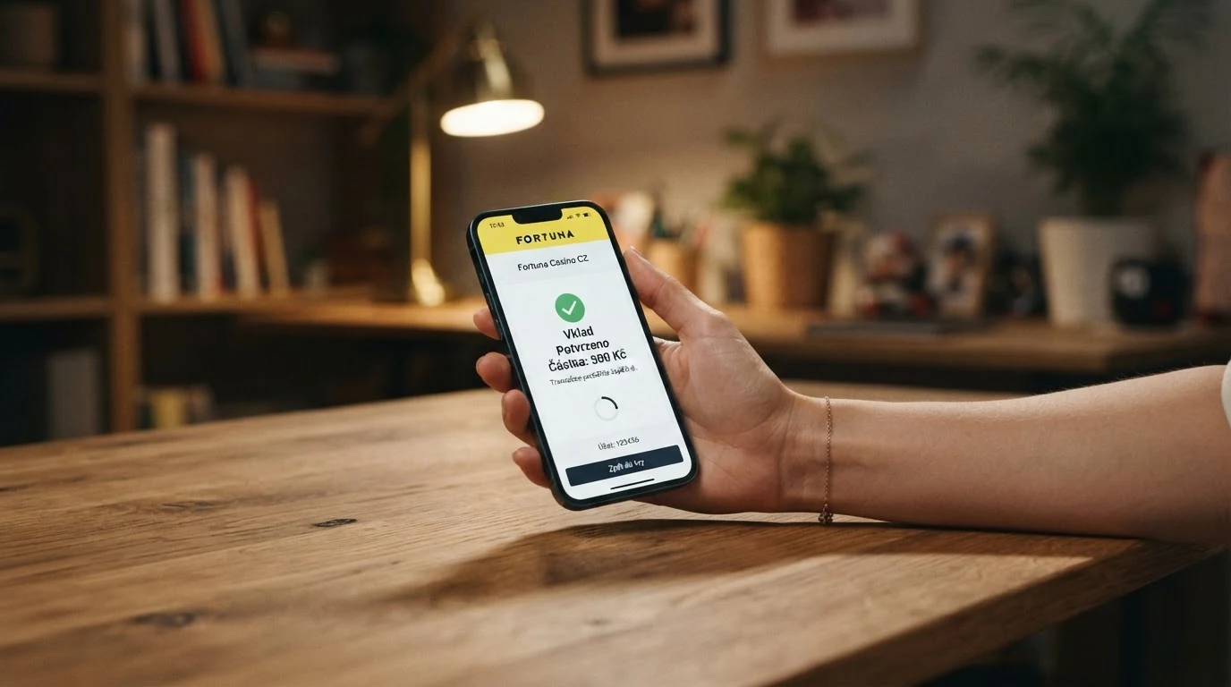 Český hráč držící mobilní telefon s potvrzením SMS platby do online casina