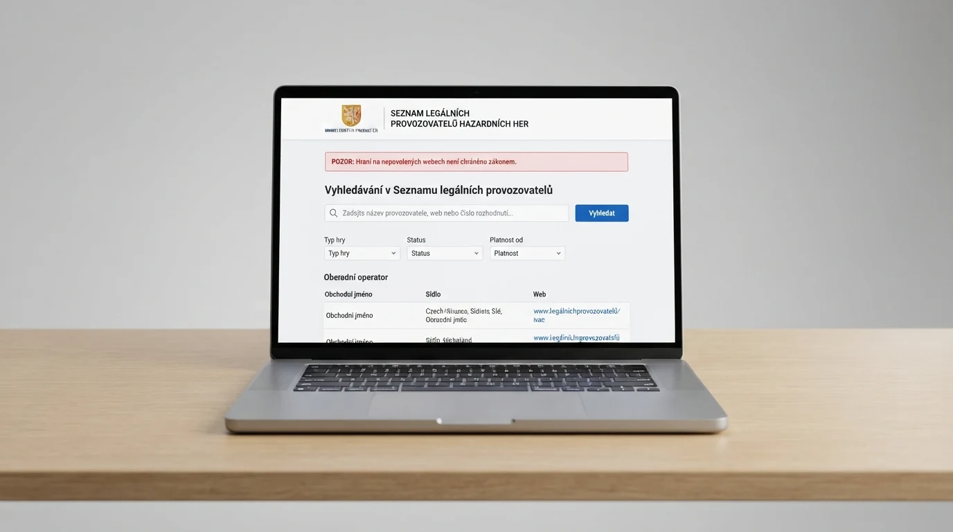 Ukázka rozhraní veřejného registru MF ČR — pole pro vyhledávání provozovatele, vedle varování na nepovoleném webu