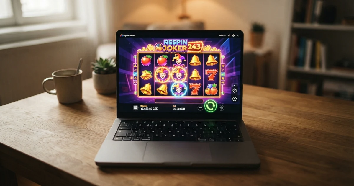 Hráč u notebooku s otevřeným online casinem a přehledem licencí na obrazovce