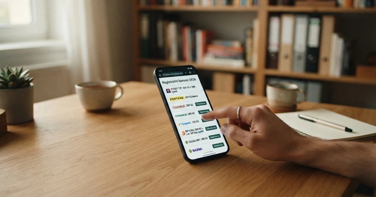 Český hráč u počítače nebo mobilu vybírá z nabídky zahraničních online kasin s registračním bonusem, na obrazovce srovnávací tabulka